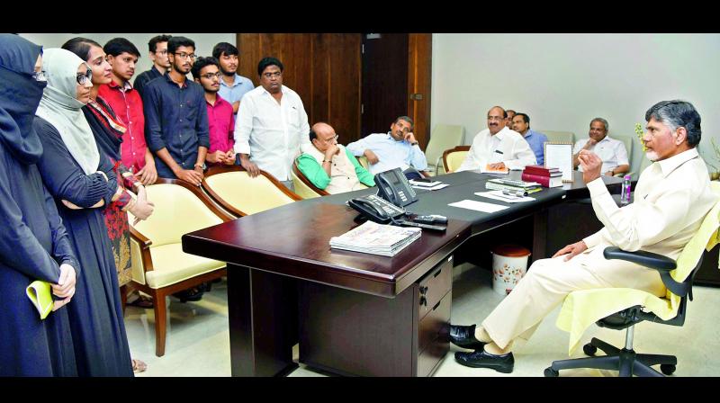 Students of Fatima Medical college met Chief Minister N. Chandrababu Naidu at Secretariat on Monday. (Photo: Deccan Chronicle)