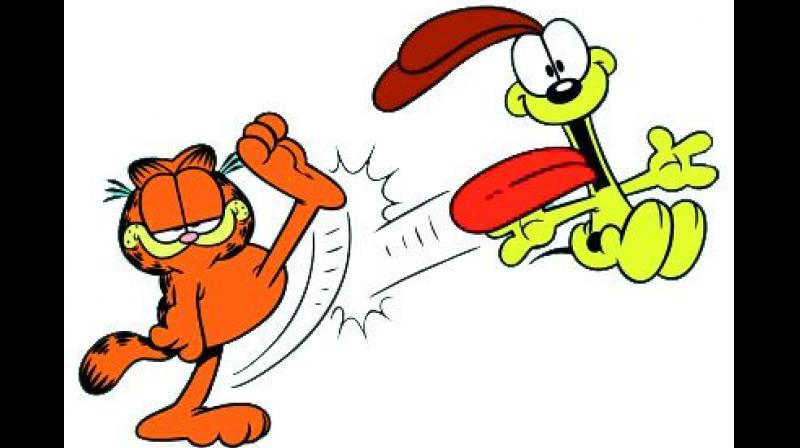 Garfield and Odie (the fictional cat and dog respectively) from the popular comic strip Garfield by Jim Davis. In the comic strip, Odie is potrayed less  intelligent than Garfield.