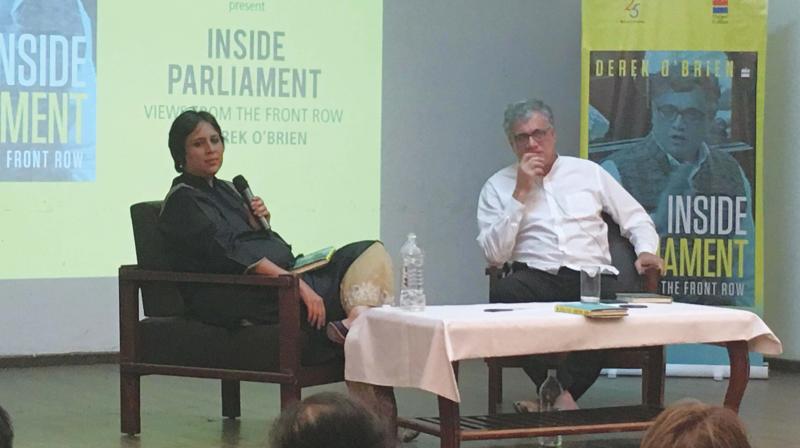 Rajya Sabha member Derek OBrien with columnist Barkha Dutt at the launch of his book, Inside Parliament: Views From The Front Row,  in Bengaluru on Saturday
