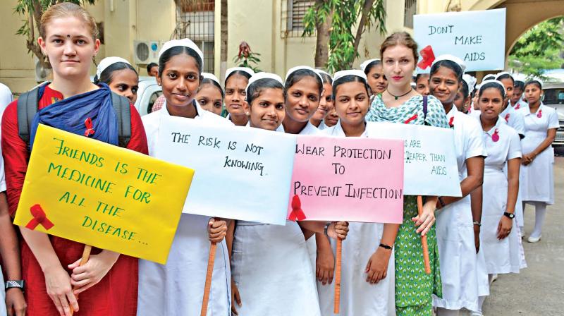 Nursing students conduct AIDS awareness rally at Stanley Government medical college on Thursday. (Photo: DC)