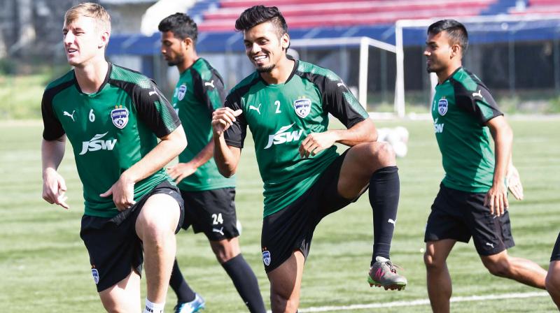 Bengaluru FC players at a training session on Wednesday.