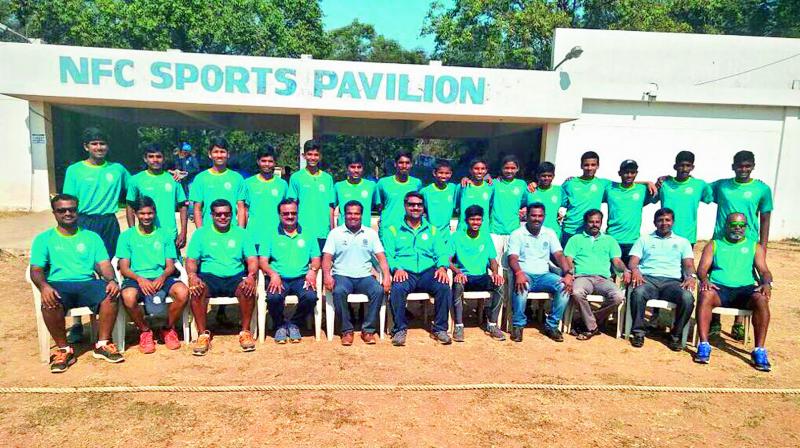 The Andhra Under 16 cricket team pose after emerging South Zone champions in the Vijay Merchant Trophy that concluded in Hyderabad on Thursday.