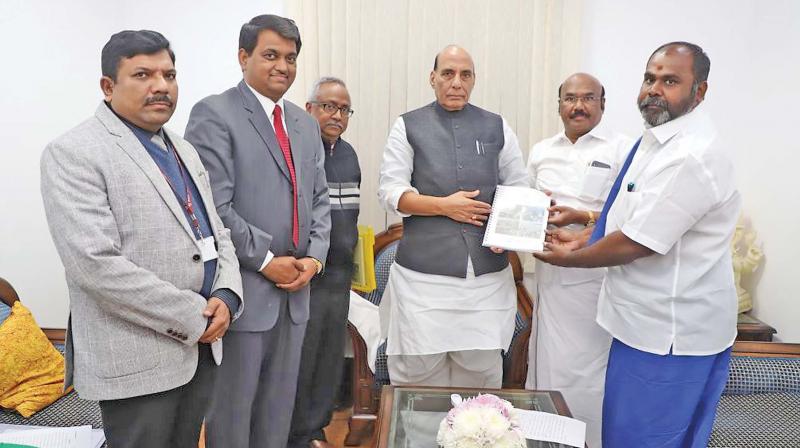 Fisheries minister D. Jayakumar and revenue ,inister R.B. Udhayakumar submit a memorandum to home minister Rajnath Singh regarding cyclone Ockhi in New Delhi.