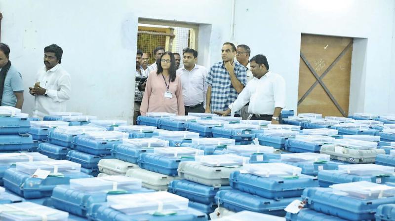 Election department officials review the arrangements for RK Nagar bypoll counting at Queen Marys college counting centre, on Friday. (Photo: DC)