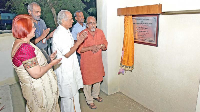 Art Historian Ashrafi  S. Bhagat, principal of Rukmini Devi College  of Fine Arts Aryambath Janardhanan and honorary secretary of Cholamandal Artists Village P. Gopinath at the opening of  rail museum on Saturday.  (Photo: DC)