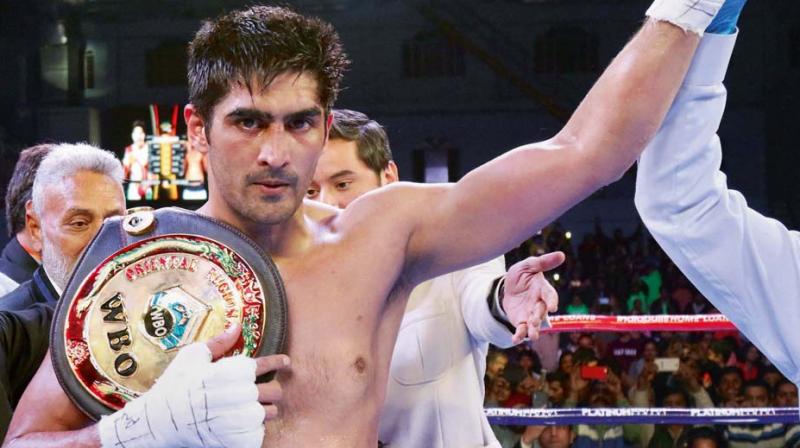 Vijender Singh after beating Ghanas Ernest Amuzu in their WBO Asia Pacific and Oriental Super Middleweight Championship in Jaipur on Saturday.(Photo:  PTI)