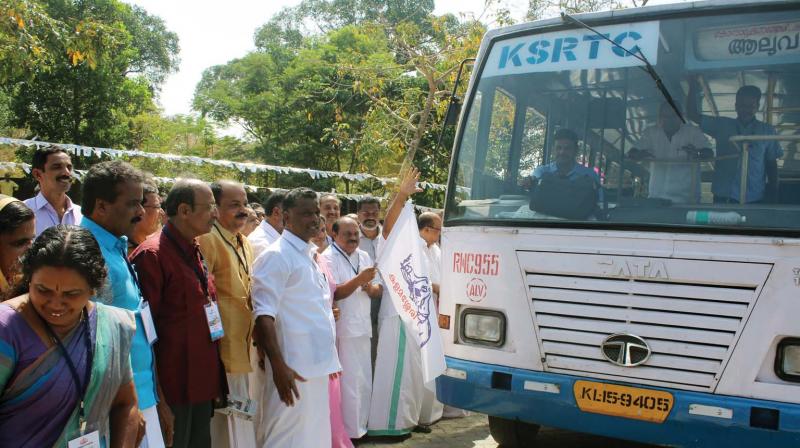 V.K. Ebrahim Kunju, MLA, flags off the first bus service from Kalamassery Medical college bus terminal on Sunday.