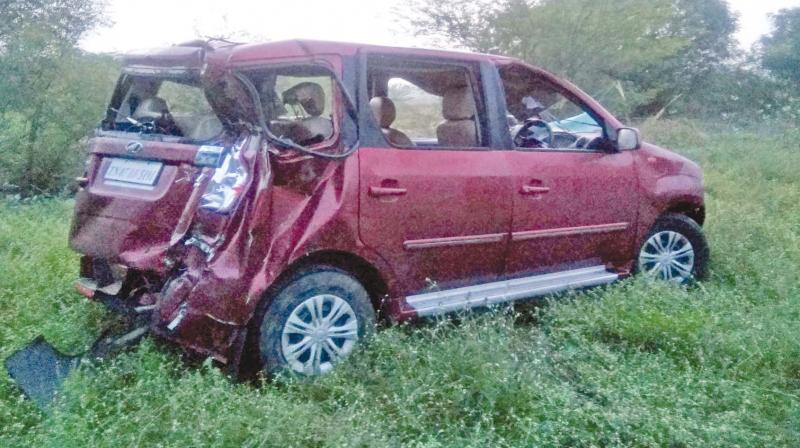 The car in which the 4 deceased were travelling is left damaged after it was  rammed by a state transport corporation bus near Maduranthagam in Kancheepuram district in the wee hours of Monday. (Photo: DC)