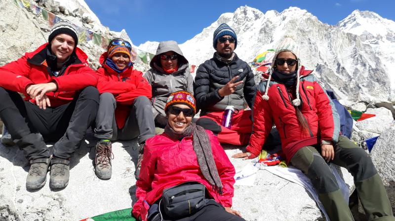 Shashi and Anusha at Everest Base Camp with crew members of BBC World Wide.