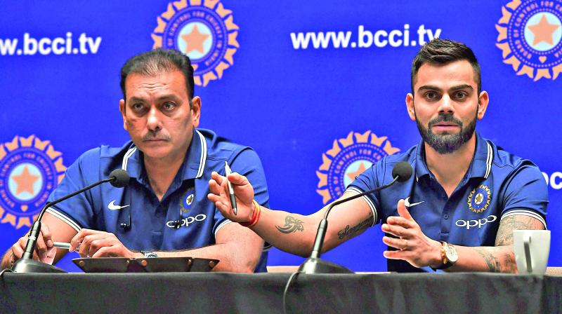 India coach Ravi Shastri and Virat Kohli meet the press before embarking on the South Africa tour.