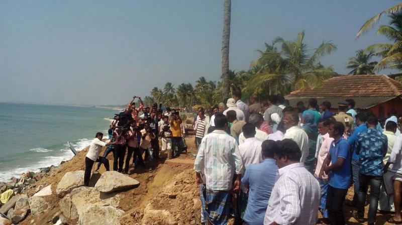 The Central team visiting areas affected by sea wrath in Eravipuram on Thursday.