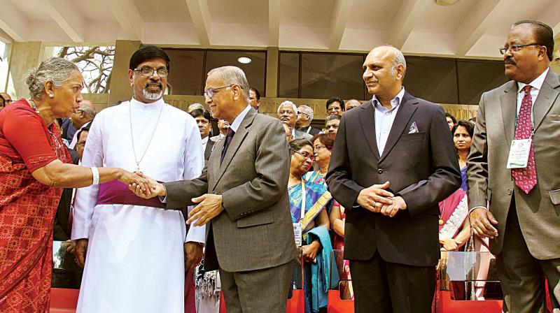 Infosys mentor N.R. Narayana Murthy with Congress leaders Margaret Alva and Pallam Raju at 96th All India Principals Conference at Bishop Cottons High School in Bengaluru on Thursday
