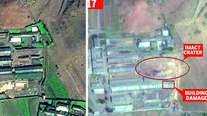 The picture to the left shows the agricultural farm complex and the one to the right shows damage caused by the missile.