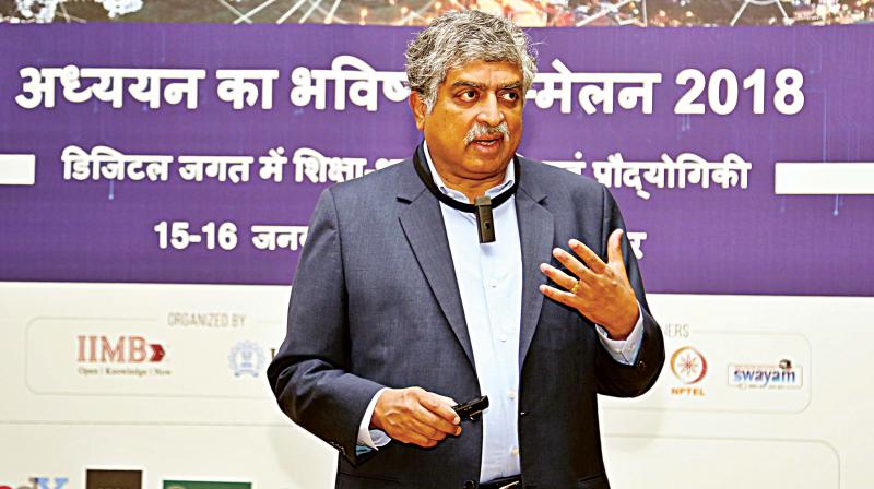 Chairman of Ekstep Foundation and Non-Executive Chairman of Infosys Nandan Nilekani speaks on Micro is the New Mega: Lifelong Learning in a VUCA World in Bengaluru on Monday (Photo:DC)