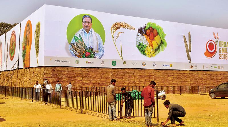 Preparations underway for the Organics & Millets 2018 International Trade fair at Palace Grounds in Bengaluru on Thursday 	(Photo:DC)