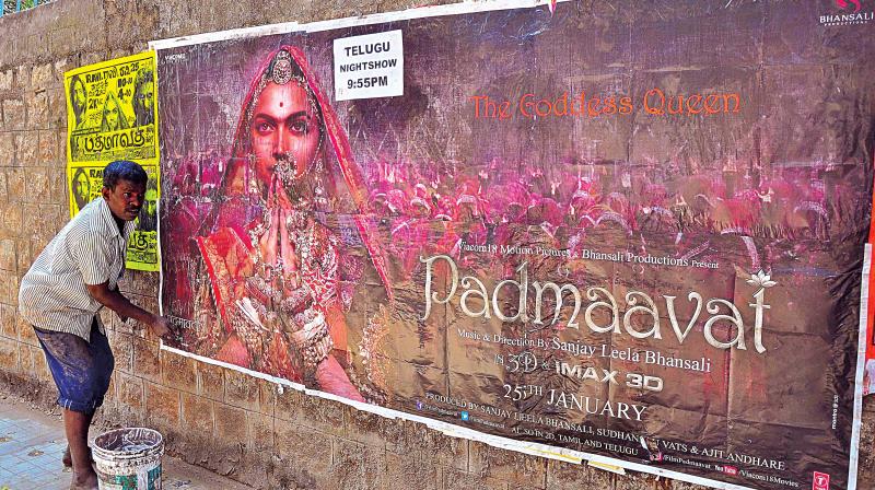 Padmaavat movie hoarding being put up in the city  on Thursday. (Photo:DC)