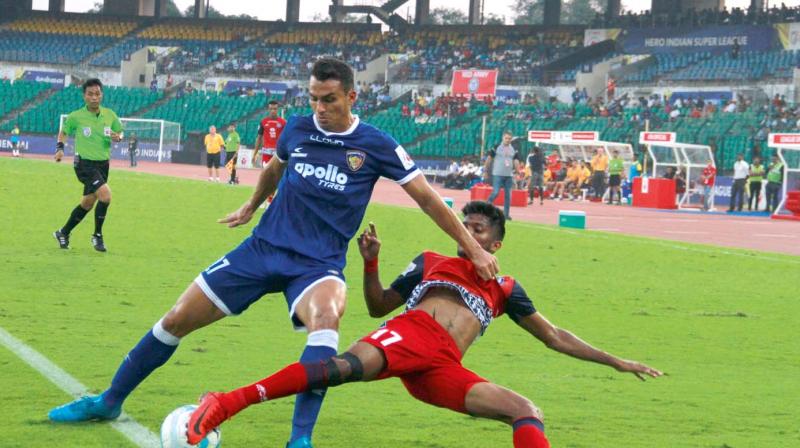 Jamshedpur FCs Farukh Choudhary (right) vies for the ball with Mailson Alves of Chennaiyin FC in an ISL match in Chennai on Sunday. (Photo:N. Vajiravelu)