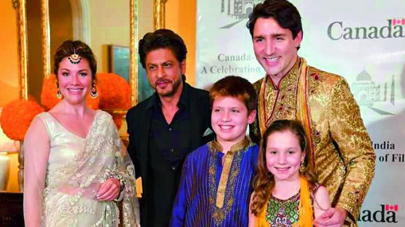 Justin Trudeau, wife Sophie Gregoire, daughter Ella-Grace and son  Xavier James met Shah Rukh Khan and other Bollywood celebrities at a special get-together in Mumbai.