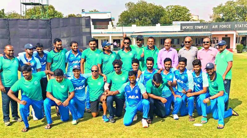 Members of the Andhra cricket team are all smiles after beating Delhi in the quarterfinals of the all-India Vijay Hazare one-day tournament. Also seen are Andhra Cricket Association officials  secretary Ch Arun Kumar, General Manager Game Development Kinjal Suratwala and member of the Selection Committee Jugal Kishore Ghiya.