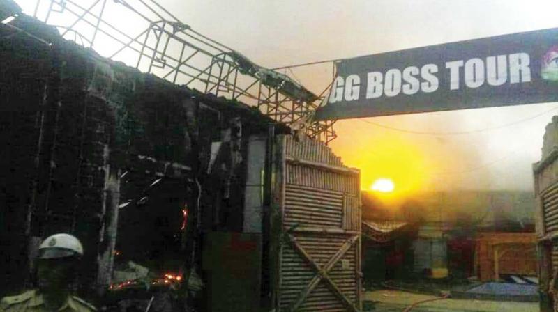 The Big Boss set gutted after a blaze at Innovative Film City in Bidadi  on Thursday. 	(Photo:DC)