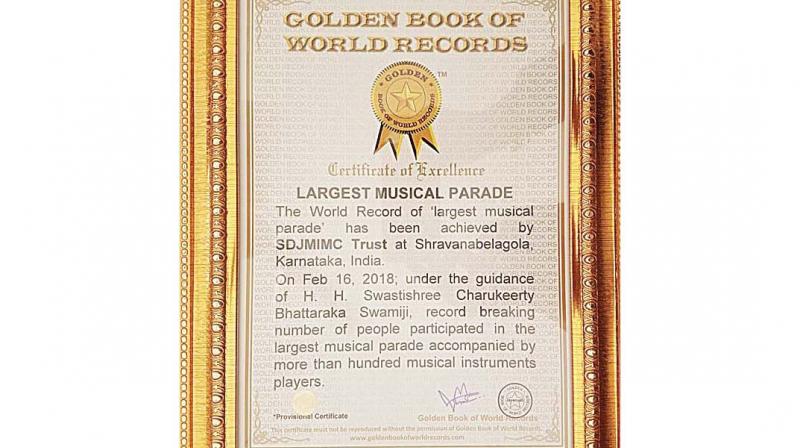 A musical parade held around the Vindhyagiri Hill on the eve of the Mahamastakbahisheka of the towering statue of Bahubali atop it, has won the  Golden Book of World Records .