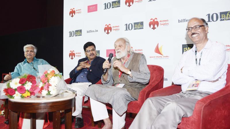 Filmmaker M.S. Sathyu (right) taking part in an interaction during the 10th Bengaluru international Film Festival on Saturday. 	(Photo:DC)