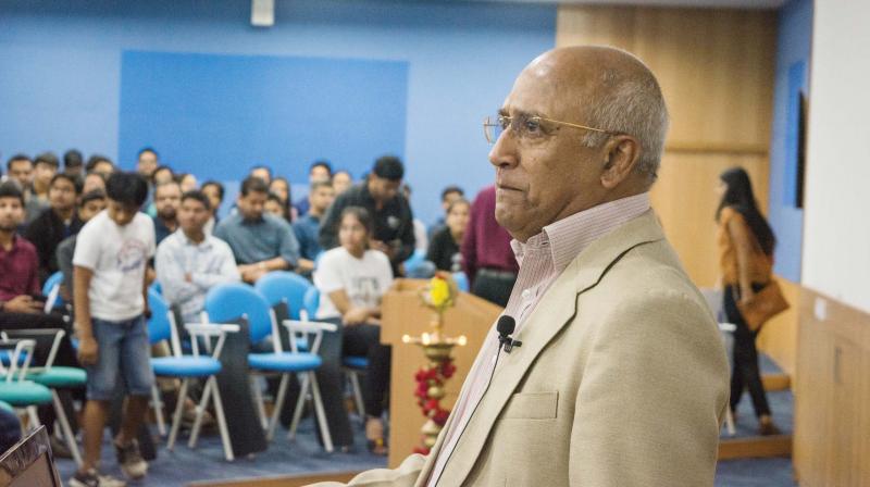 Indias only space traveller Rakesh Sharma speaks at a meeting held at IIIT-B in Bengaluru on Saturday.