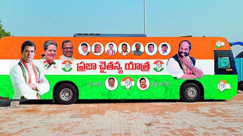 A remodelled 40-seater Volvo bus is readied for Congress bus yatra, which is set to start on Monday.