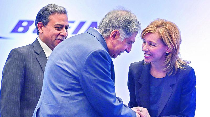 Tata Sons chairman emeritus Ratan Tata and Boeing Defence, Security and Space president Leanee Caret seen shaking hands in Hyderabad on Thursday.  (Photo:DC)