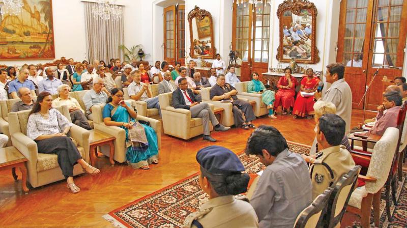 Lt Governor Kiran Bedi addresses the gathering of French citizens at Raj Nivas on Friday. (Photo:DC)