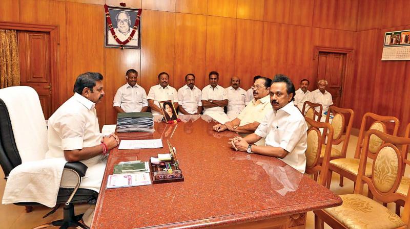 DMK working president M.K. Stalin on Saturday calls on Chief Minister Edappadi K. Palaniswami and discusses the Cauvery water issue at the state secretariat.	(Photo:DC)