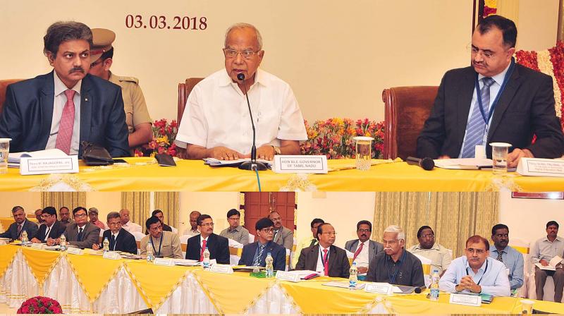 Governor Banwarilal Purohit presides over the meeting of vice chancellors and registrars of universities on Saturday at Raj Bhavan in Chennai. R. Rajagopal, additional chief secretary to Governor, and Sunil Paliwar, principal secretary to government, higher education department were present. 	(Photo:DC)