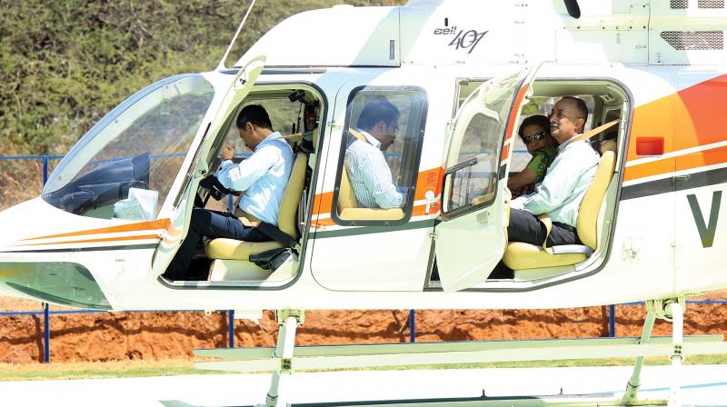 The first helitaxi, a Bell 407 helicopter, with three passengers on board, lifted off at 3.35 pm from a Thumby Aviation helipad in Electronic City to KIA on Monday.