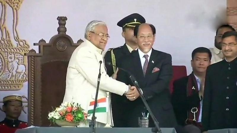 Nagaland Governor PB Acharya administered the oath of office and secrecy to Neiphiu Rio and his 11 Council of Ministers. (Photo: ANI/Twitter)