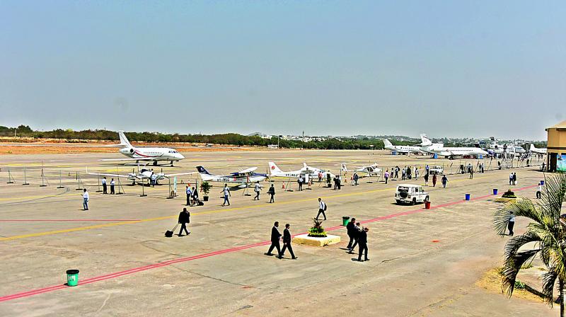 Aircraft parked at the Begumpet airport in Hyderabad during Wings India on Thursday. The biennial event has attracted only 12 smaller aircraft with a seating capacity of two and 19. None of the major commercial aircraft are showcased.  (Photo:Surender Reddy)