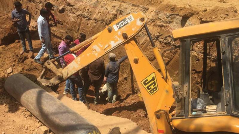 A JCB at the site of mud collapse in Whitefield on Sunday. (Photo:DC)