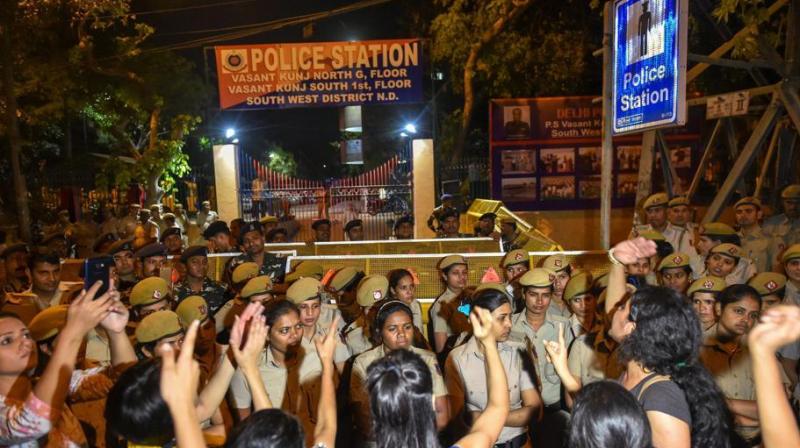 On Monday, JNU students took out a protest march to the Vasant Kunj police station demanding the arrest of the professor. (Photo: PTI)