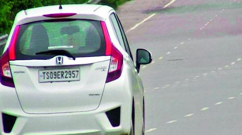 CCTV grab of a Honda Jazz car speeding up to 163kmph at Hamidullanagar on March 15.