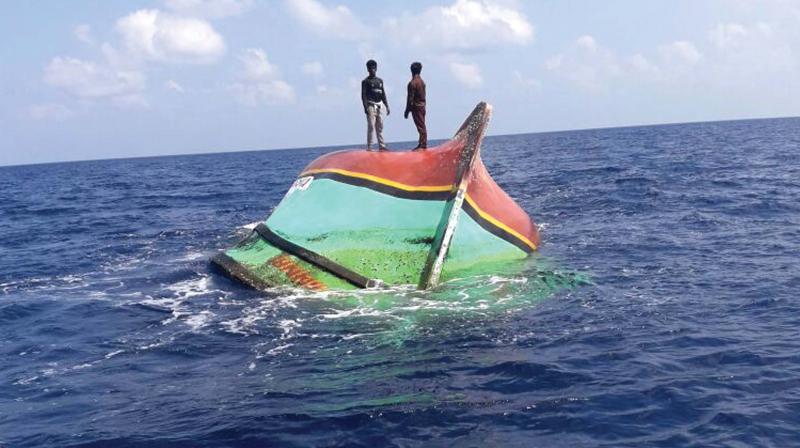 Fishermen atop Annai, the fishing boat from Vallavilai which went missing during Cyclone Ockhi, after they spotted it 100 nautical miles away from Lakshadweep