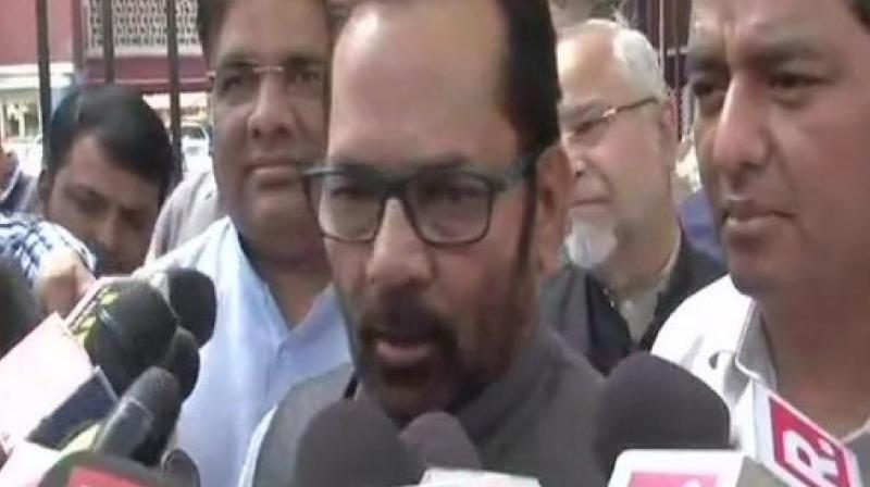 A delegation led by Union Minister Mukhtar Abbas Naqvi met the Election Commission officials in connection with the case. (Photo: ANI)