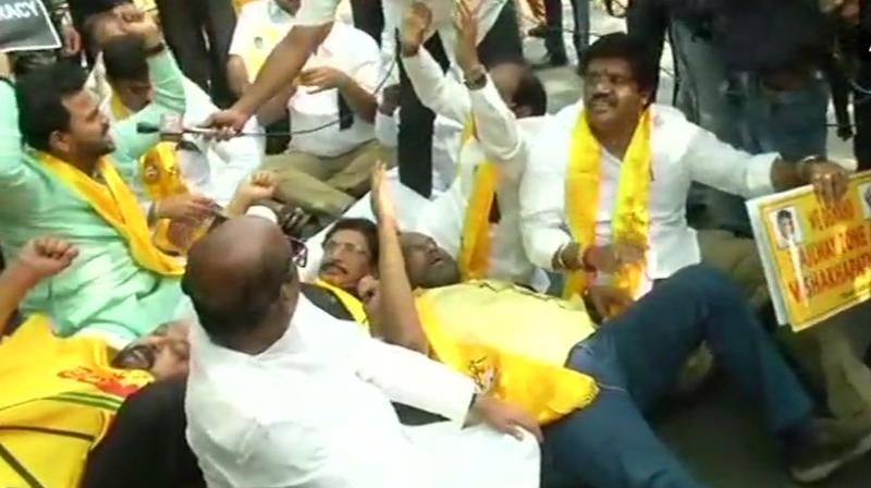 The decision to protest was taken after TDP MPs held meeting at YS Chowdarys residence to decide the future course of action. (Photo: ANI/Twitter)