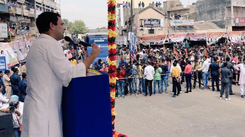 At Falla village in Jamnagar, people greeted him with the slogan Jai Sardar, Jai Patidar. Many in the crowd wore caps with the slogan. (Photo: OfficeofRG | Twitter)