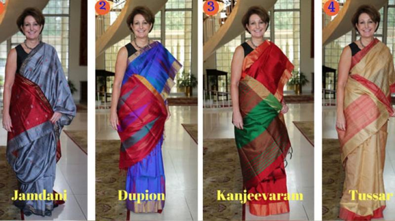 MaryKay Carlson needs help deciding a saree for Independence Day. ( Photo: Twitter / MaryKay Carlson)