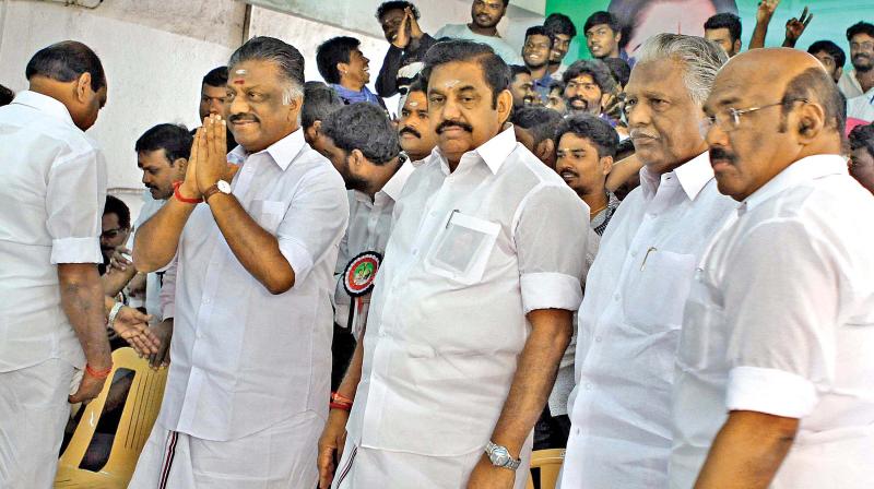 Tamil Nadu Chief Minister Edappadi K. Palaniswami addresses party cadres who joined AIADMK from other parties at a meeting in the party office on Monday. (Photo: DC)