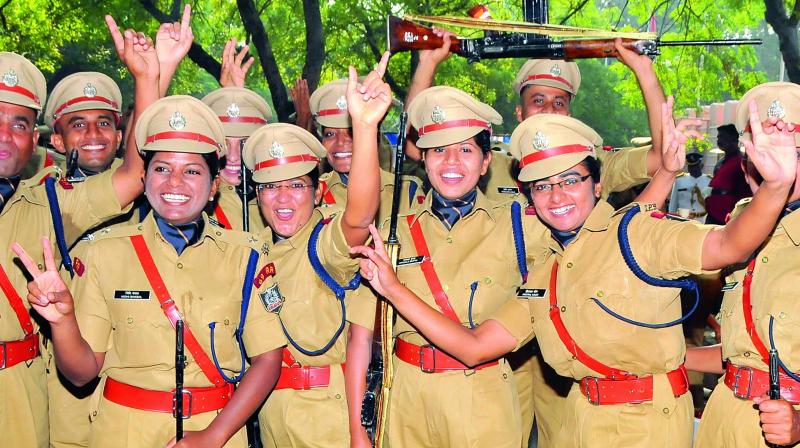 Women cadets celebrate during the passing out parade at the Sardar Vallabhbhai Patel National Police Academy in Hyderabad on Monday.	(Photo: P. Surendra)