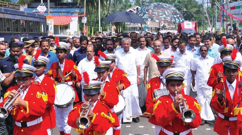 Chief Minister Pinarayi Vijayan during the inaugural ceremony of the six city road development project completion at Chevarambalam St Marys School on Tuesday.