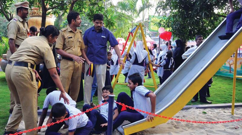 Children enjoy at the park on the premises of Town police station, Kozhikode on Tuesday. 	(Photo: DC)