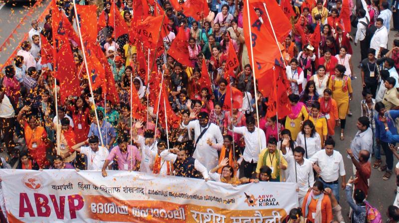 The picture taken from Thakaraparambu flyover shows a recent ABVP rally stretching till Ayurveda College.