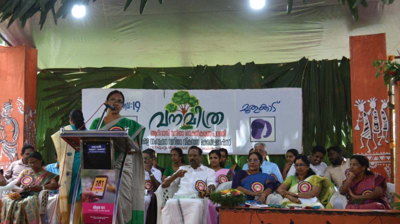 Social Justice Minister K.K. Shylaja inaugurates the Vanamithra Tribal Woman Empowerment programme in Muthukad on Sunday. 	By arrangement