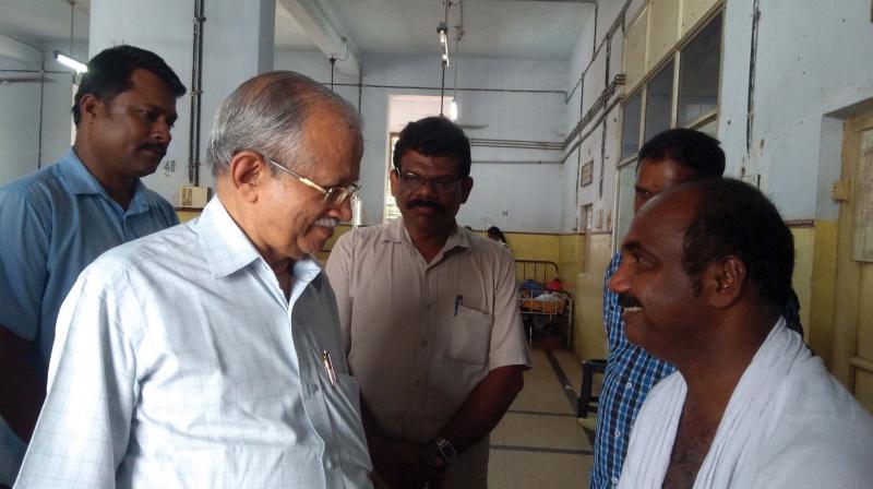 CPM MP C.P. Narayanan visits Dafedar V. Mohanan Nair at Government Medical College Hospital.